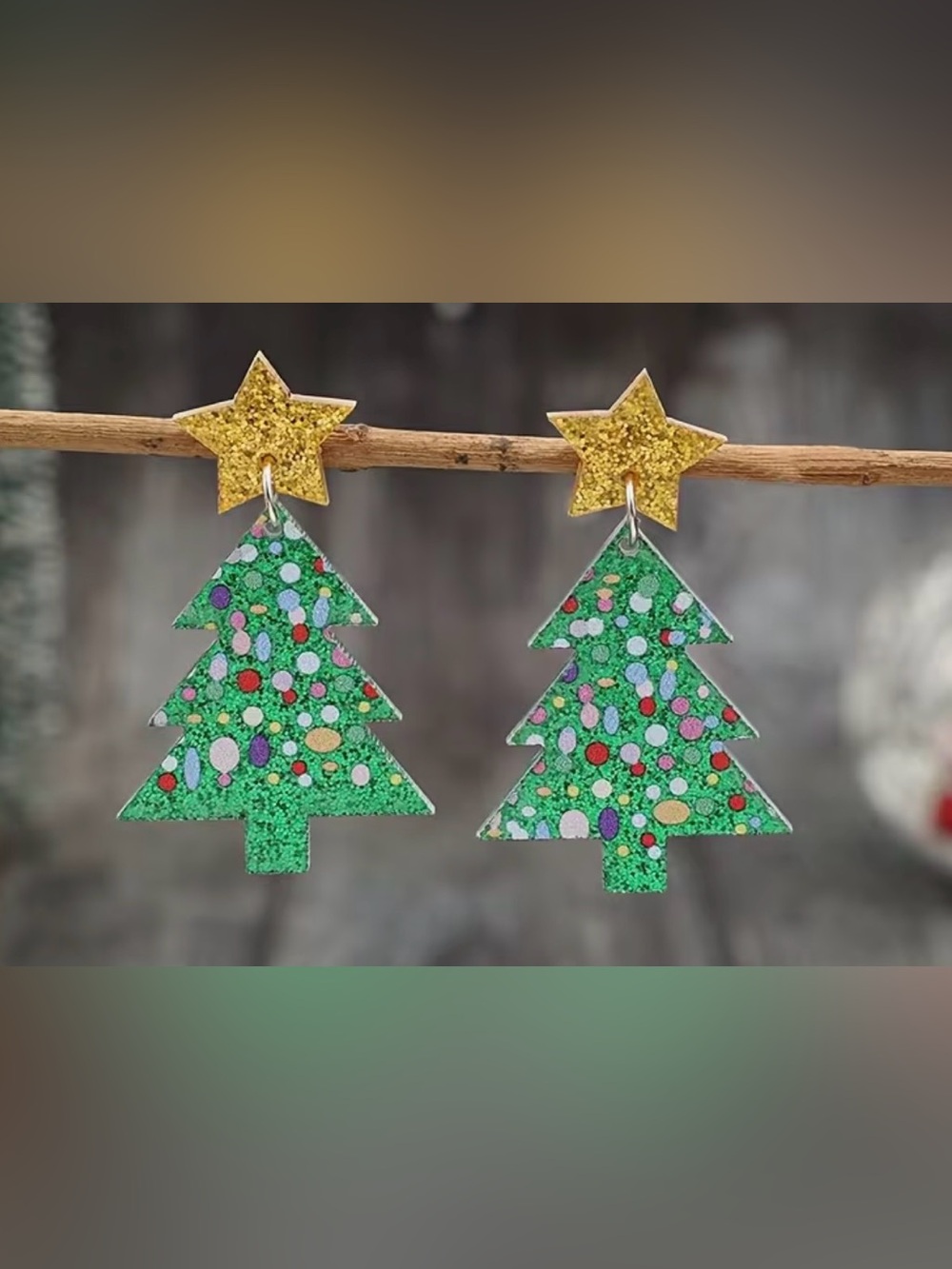 Green Glitter Christmas Tree Earrings with Gold Stars